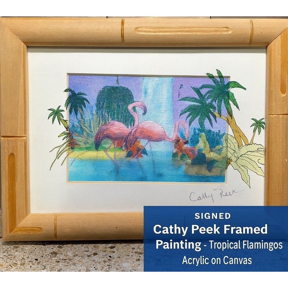 Signed Kathy Peek Framed Painting Tropical Flamingos Acrylic On Canvas